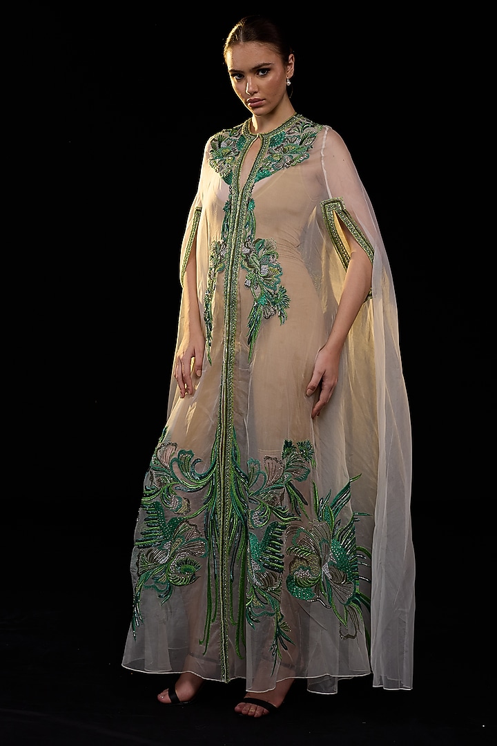 Off-White Organza Silk Embroidered Cape Engagement Gown by Samant Chauhan at Pernia's Pop Up Shop