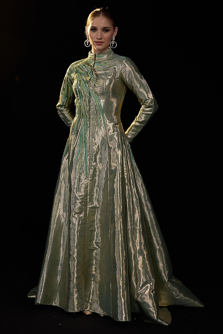 Olive Green Lurex Structured Wedding Gown by Samant Chauhan at Pernia's Pop Up Shop