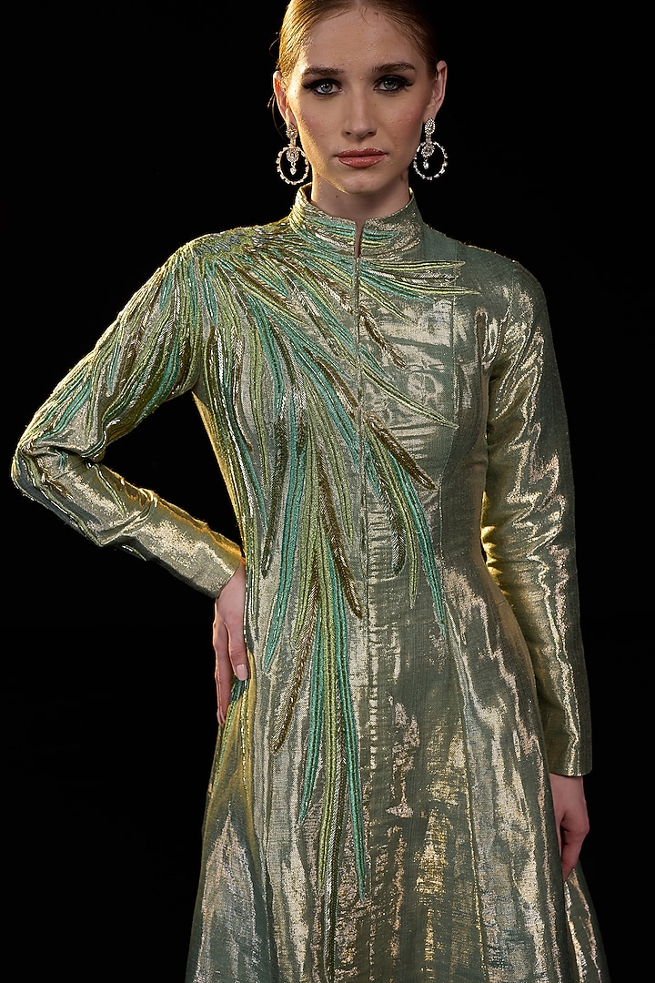 Olive Green Lurex Structured Wedding Gown by Samant Chauhan at Pernia's Pop Up Shop