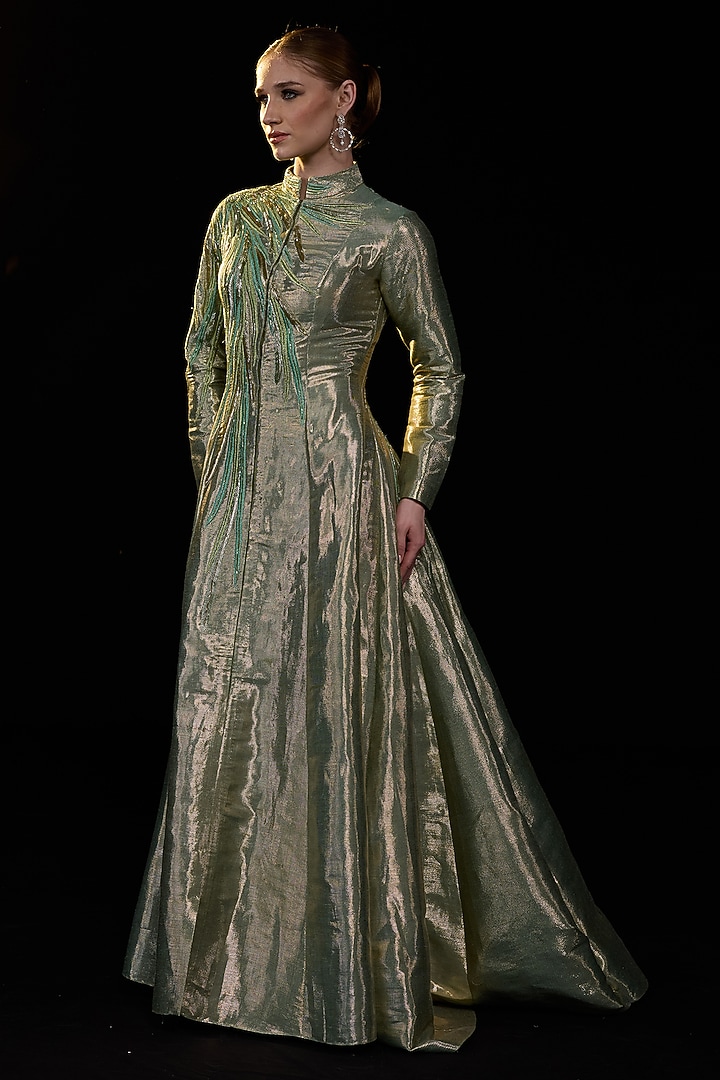 Olive Green Lurex Structured Wedding Gown by Samant Chauhan at Pernia's Pop Up Shop