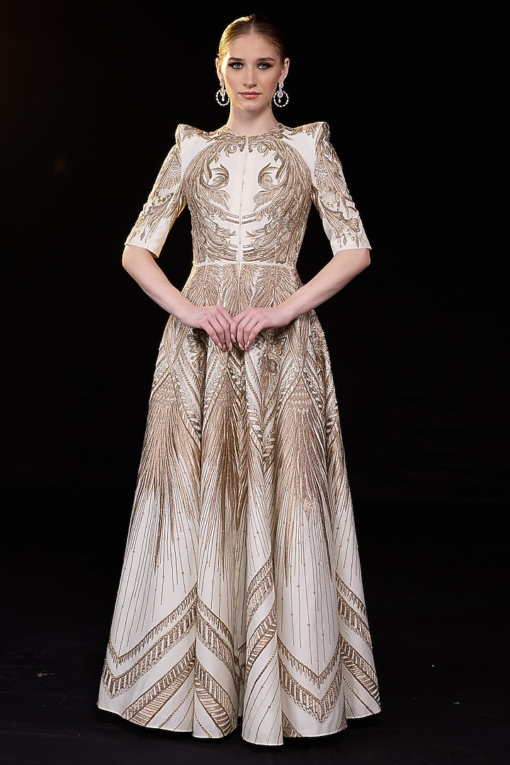 Ivory & Gold Cotton Silk Embroidered Bridal Gown by Samant Chauhan at Pernia's Pop Up Shop