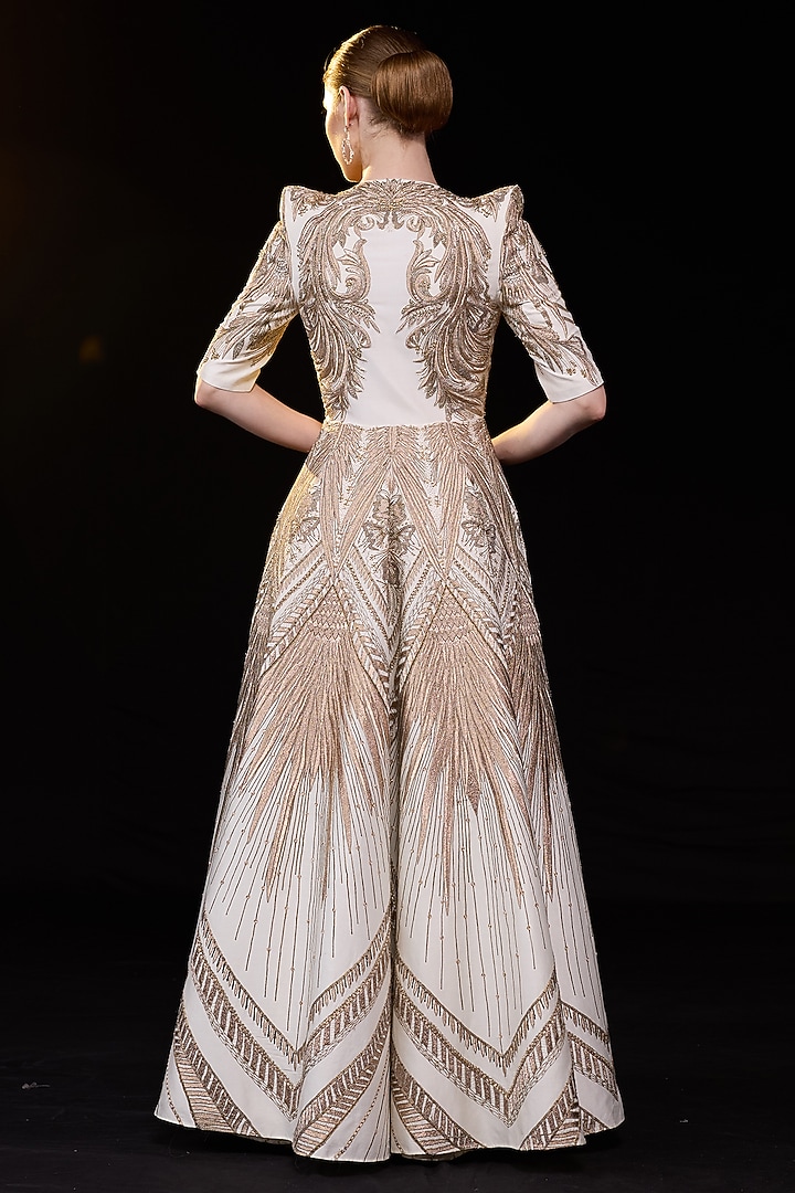 Ivory & Gold Cotton Silk Embroidered Bridal Gown by Samant Chauhan at Pernia's Pop Up Shop
