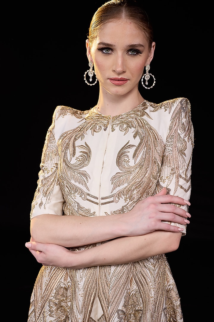 Ivory & Gold Cotton Silk Embroidered Bridal Gown by Samant Chauhan at Pernia's Pop Up Shop