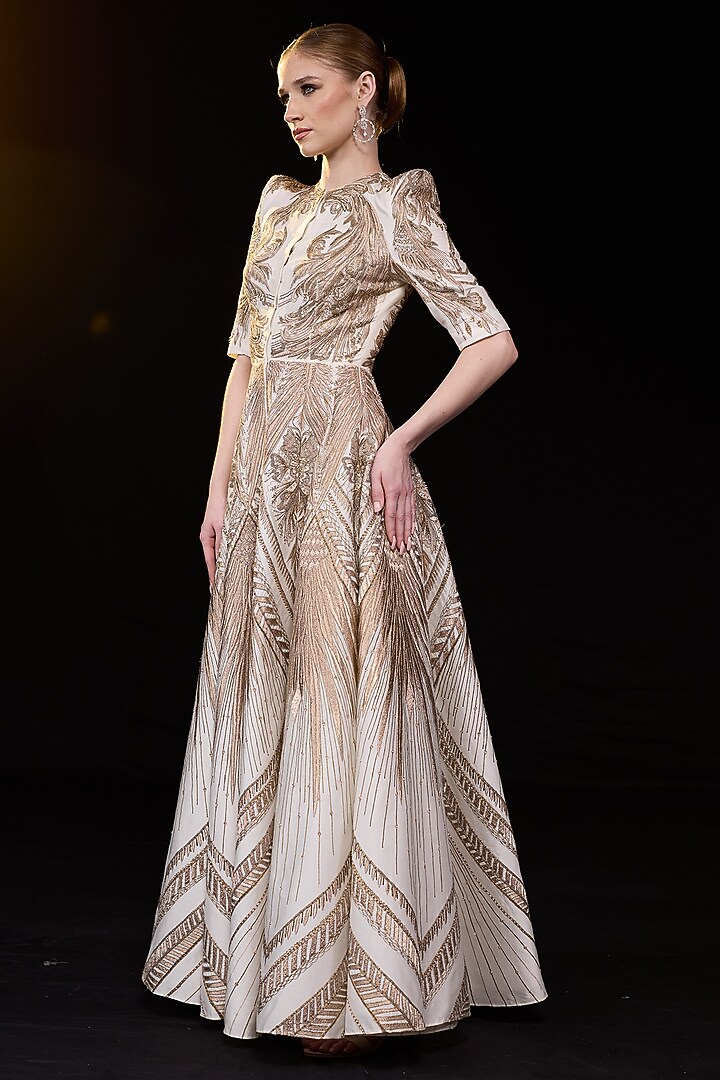 Ivory & Gold Cotton Silk Embroidered Bridal Gown by Samant Chauhan at Pernia's Pop Up Shop
