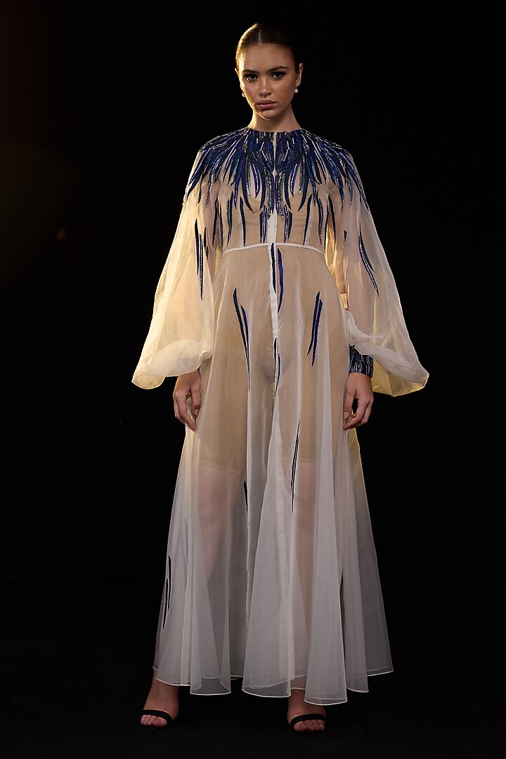 Off-White Organza Bead Embroidered Engagement Gown by Samant Chauhan at Pernia's Pop Up Shop
