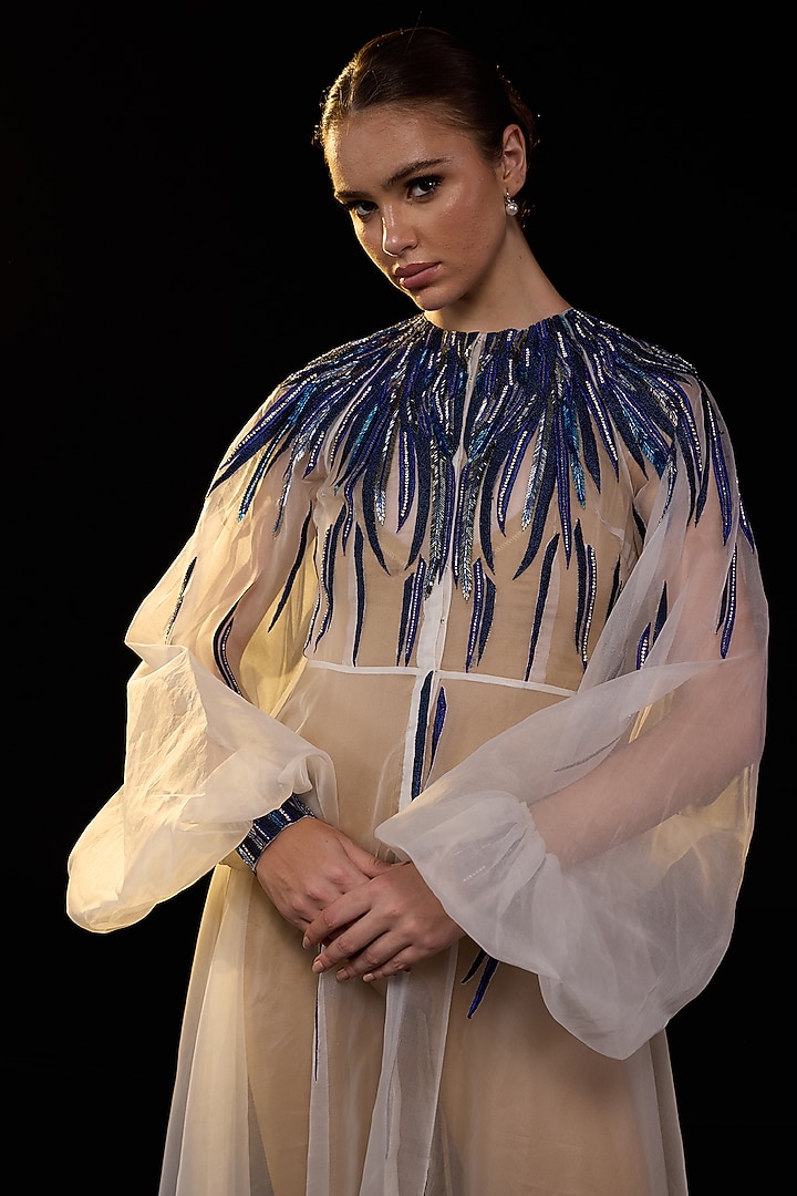 Off-White Organza Bead Embroidered Engagement Gown by Samant Chauhan at Pernia's Pop Up Shop