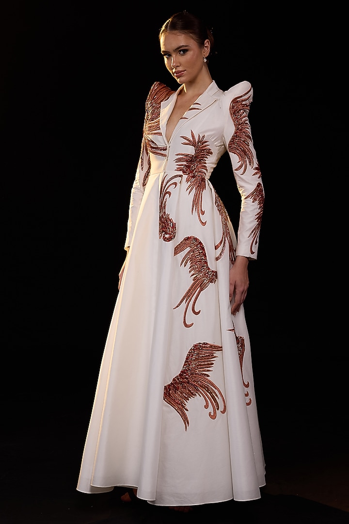 Off-White Cotton Silk Embroidered Structured Wedding Gown by Samant Chauhan at Pernia's Pop Up Shop