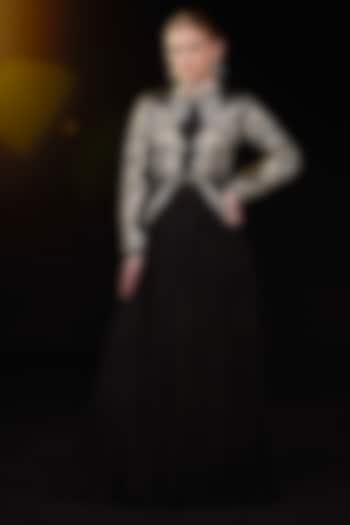 Black Cotton Silk Floral & Metallic Embroidered Engagement Gown by Samant Chauhan at Pernia's Pop Up Shop