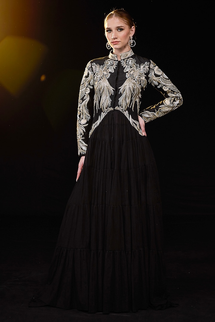 Black Cotton Silk Floral & Metallic Embroidered Engagement Gown by Samant Chauhan at Pernia's Pop Up Shop