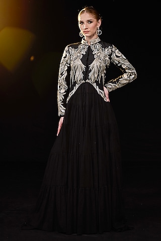 Black Cotton Silk Floral & Metallic Embroidered Gown by Samant Chauhan