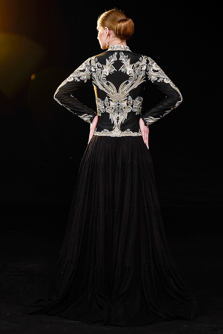 Black Cotton Silk Floral & Metallic Embroidered Engagement Gown by Samant Chauhan at Pernia's Pop Up Shop