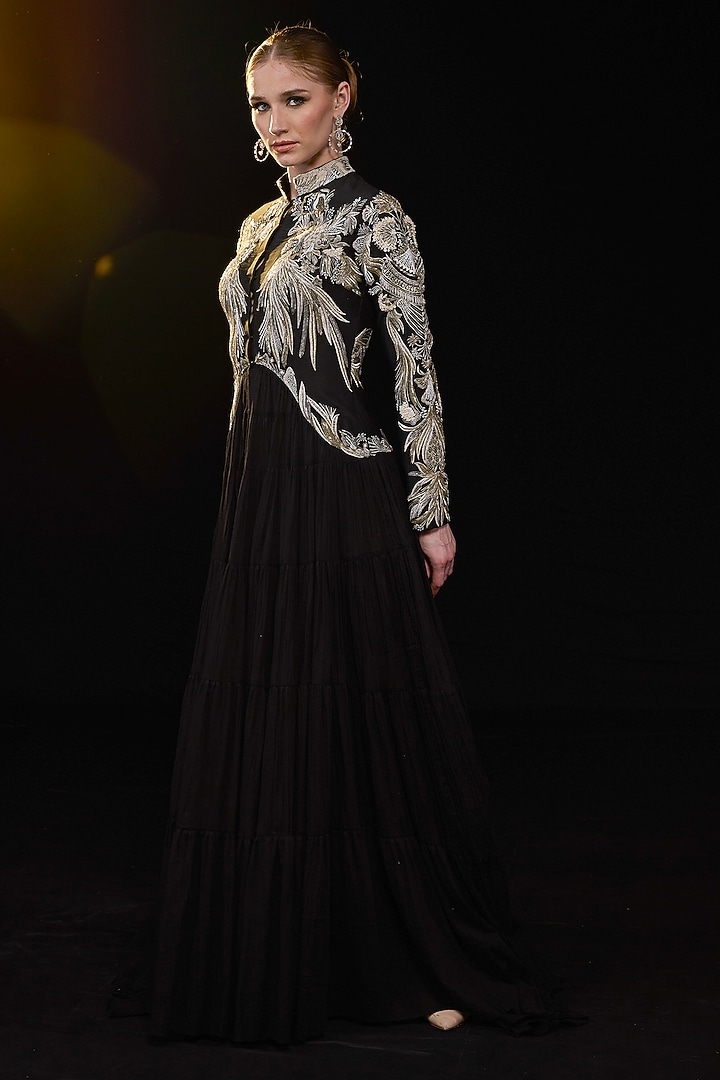 Black Cotton Silk Floral & Metallic Embroidered Engagement Gown by Samant Chauhan at Pernia's Pop Up Shop