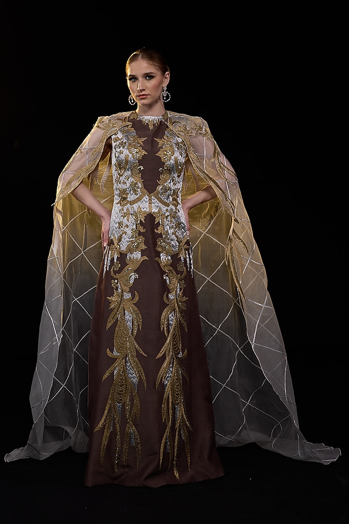 Brown Organza Silver Embroidered Wedding Gown by Samant Chauhan at Pernia's Pop Up Shop