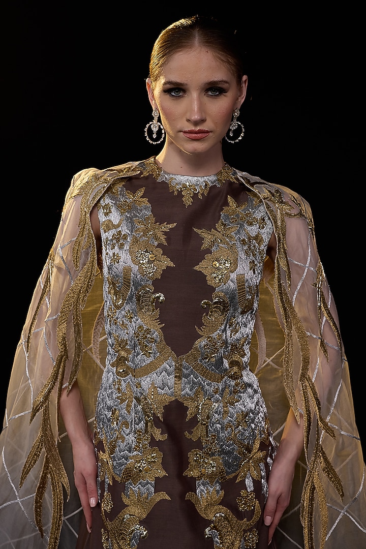 Brown Organza Silver Embroidered Wedding Gown by Samant Chauhan at Pernia's Pop Up Shop