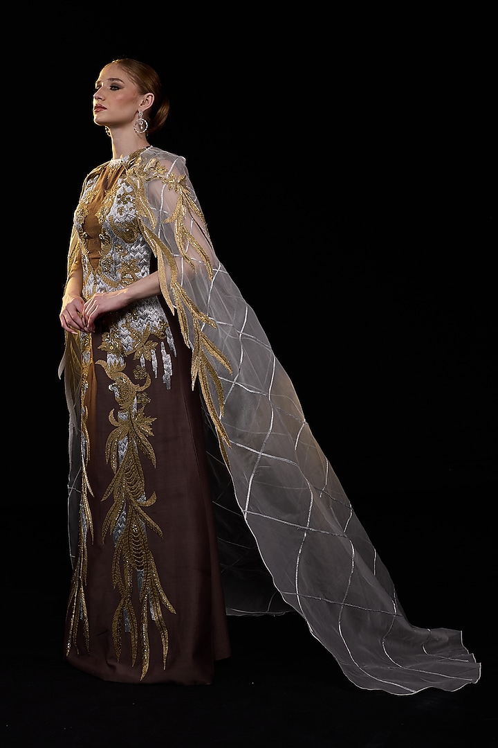Brown Organza Silver Embroidered Wedding Gown by Samant Chauhan at Pernia's Pop Up Shop