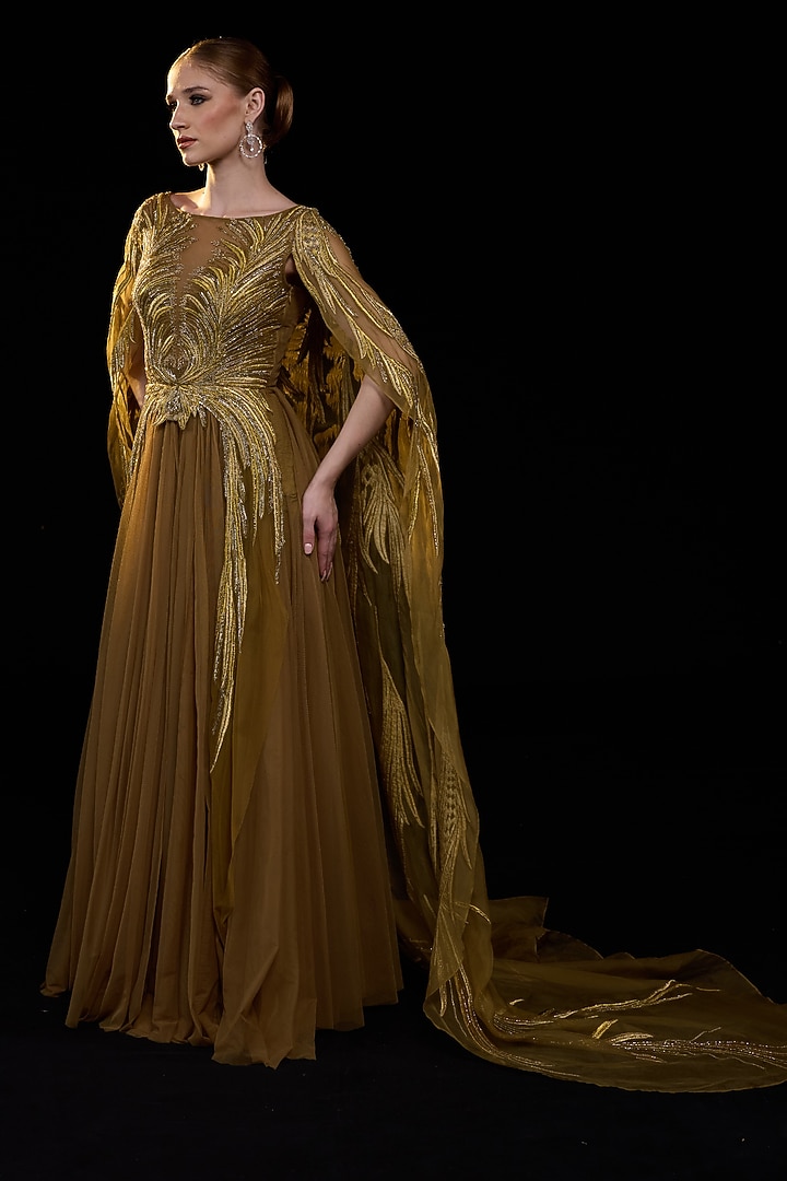 Golden-Bronze Organza Silk Embroidered Wedding Gown by Samant Chauhan at Pernia's Pop Up Shop