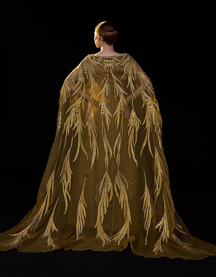 Golden-Bronze Organza Silk Embroidered Wedding Gown by Samant Chauhan at Pernia's Pop Up Shop