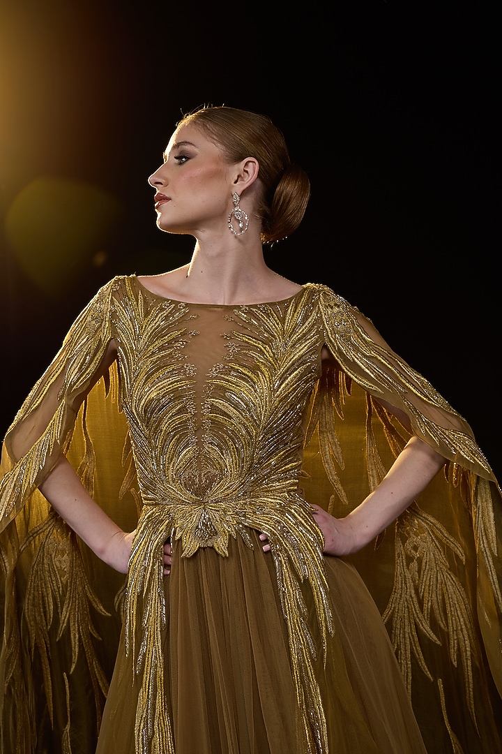 Golden-Bronze Organza Silk Embroidered Wedding Gown by Samant Chauhan at Pernia's Pop Up Shop