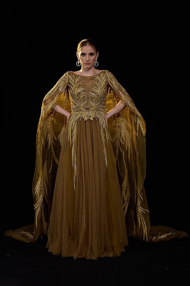 Golden-Bronze Organza Silk Embroidered Wedding Gown by Samant Chauhan at Pernia's Pop Up Shop