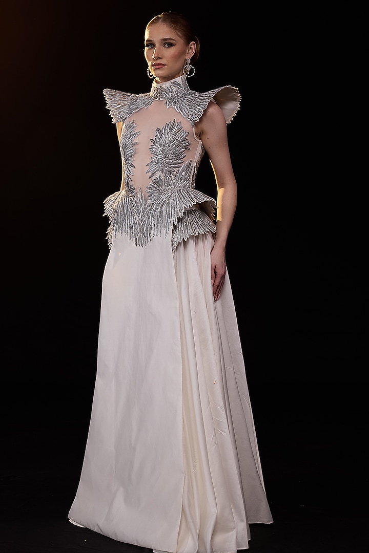 Off-White Cotton Silk Embellished Wedding Gown by Samant Chauhan at Pernia's Pop Up Shop