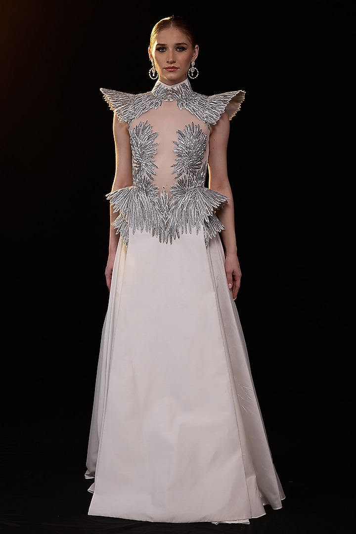 Off-White Cotton Silk Embellished Wedding Gown by Samant Chauhan at Pernia's Pop Up Shop