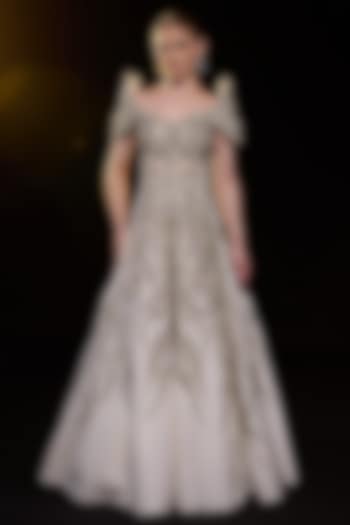 Off-White Cotton Silk Metallic Embroidered Off-Shoulder Wedding Gown by Samant Chauhan at Pernia's Pop Up Shop