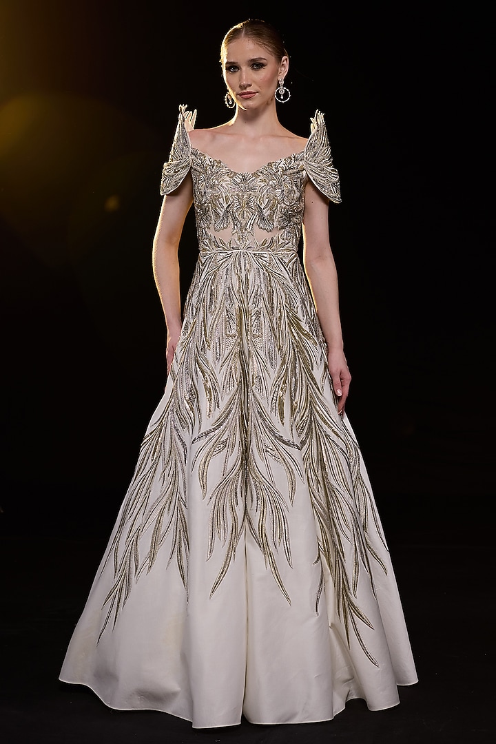 Off-White Cotton Silk Metallic Embroidered Off-Shoulder Wedding Gown by Samant Chauhan at Pernia's Pop Up Shop