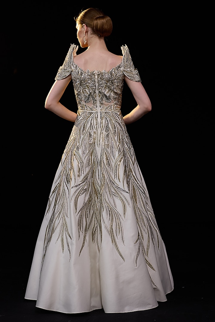 Off-White Cotton Silk Metallic Embroidered Off-Shoulder Wedding Gown by Samant Chauhan at Pernia's Pop Up Shop
