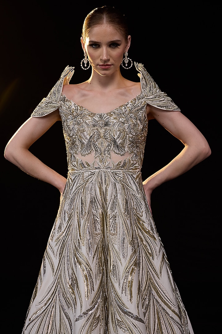 Off-White Cotton Silk Metallic Embroidered Off-Shoulder Wedding Gown by Samant Chauhan at Pernia's Pop Up Shop