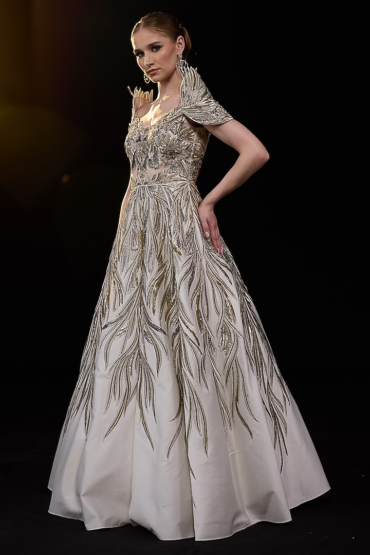Off-White Cotton Silk Metallic Embroidered Off-Shoulder Wedding Gown by Samant Chauhan at Pernia's Pop Up Shop