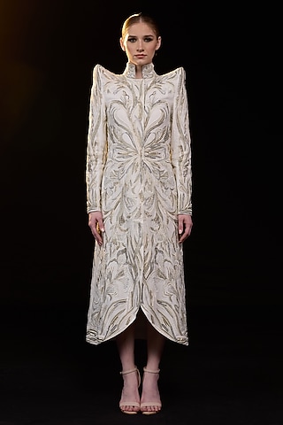 Off-White Cotton Silk Midi Dress by Samant Chauhan
