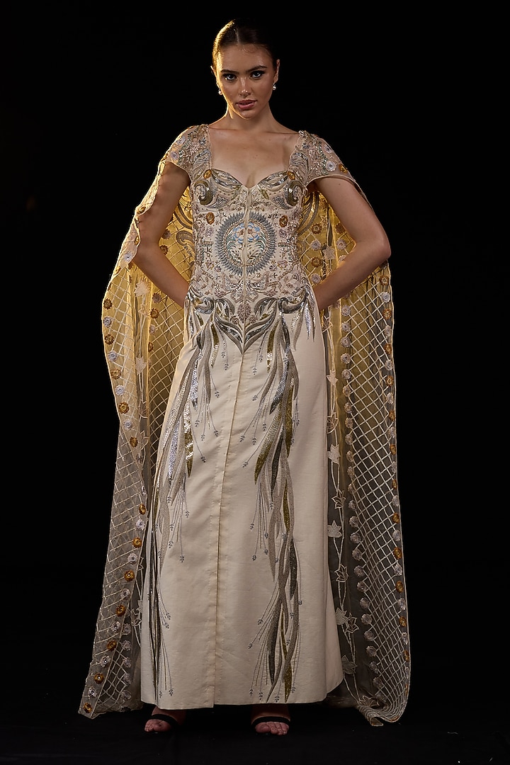 Off-White & Cream Cotton Silk Metallic Embroidered Wedding Gown by Samant Chauhan at Pernia's Pop Up Shop