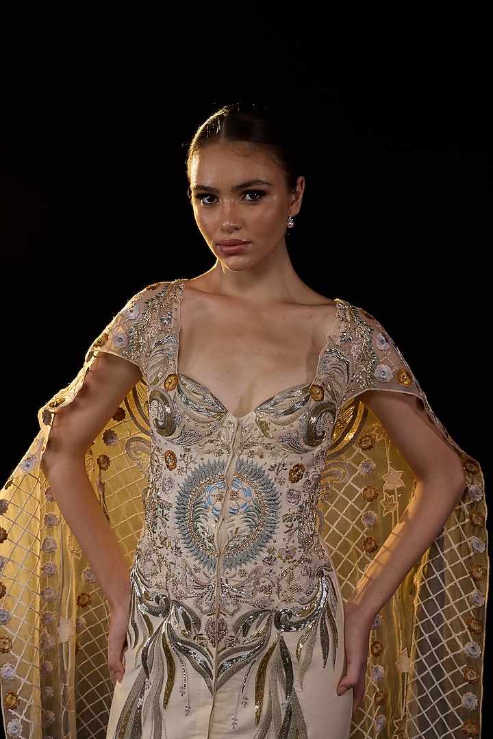 Off-White & Cream Cotton Silk Metallic Embroidered Wedding Gown by Samant Chauhan at Pernia's Pop Up Shop