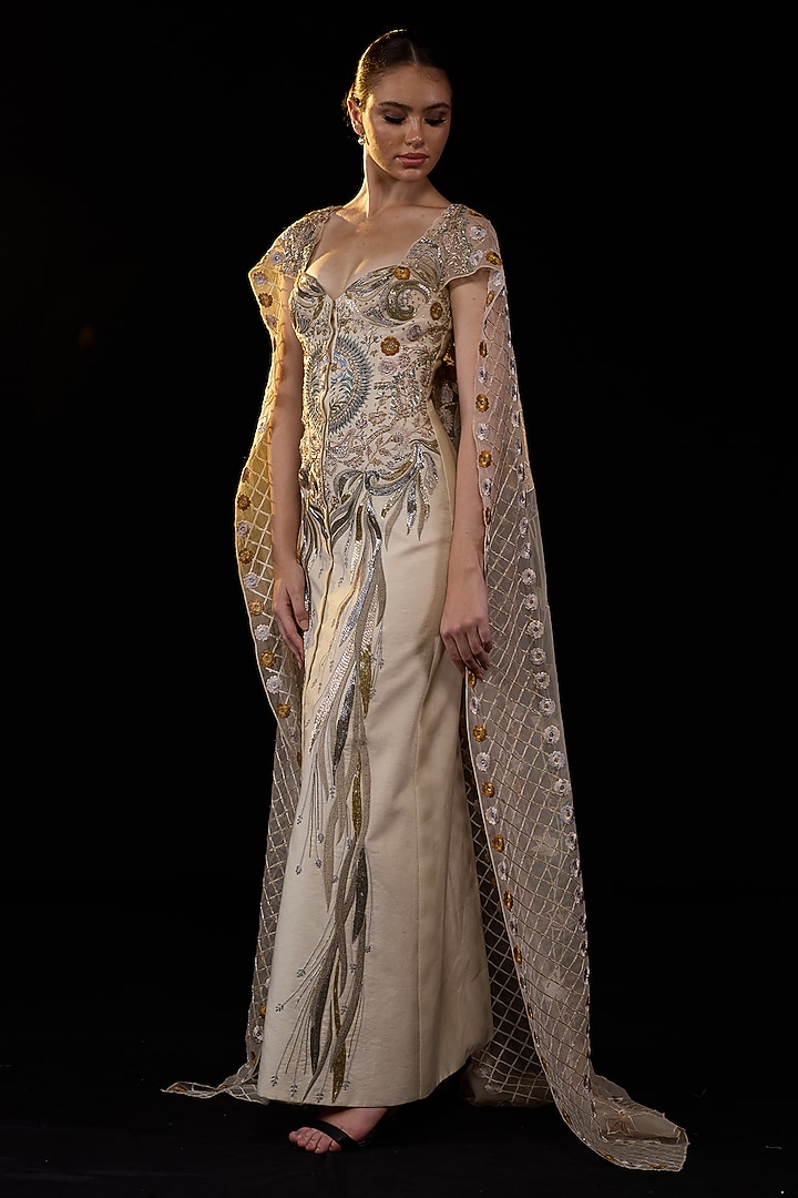 Off-White & Cream Cotton Silk Metallic Embroidered Wedding Gown by Samant Chauhan at Pernia's Pop Up Shop