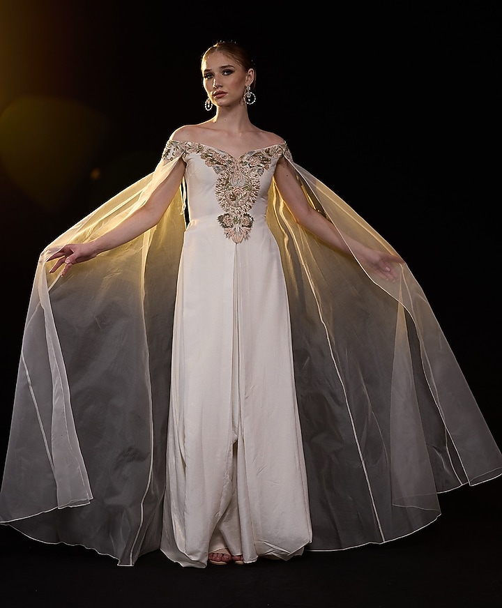 Off-White Cotton Silk Floral Embroidered Off-Shoulder Engagement Gown by Samant Chauhan at Pernia's Pop Up Shop
