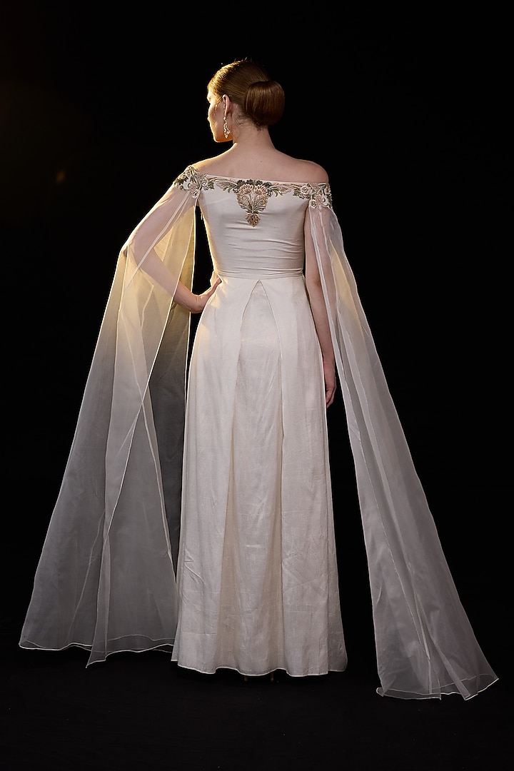 Off-White Cotton Silk Floral Embroidered Off-Shoulder Engagement Gown by Samant Chauhan at Pernia's Pop Up Shop