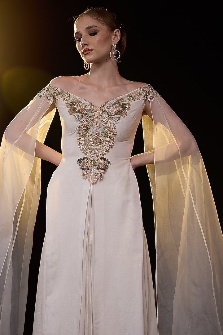 Off-White Cotton Silk Floral Embroidered Off-Shoulder Engagement Gown by Samant Chauhan at Pernia's Pop Up Shop