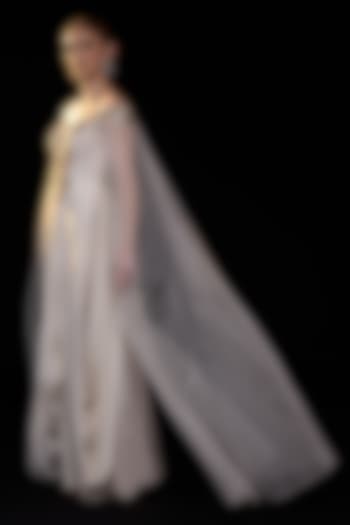 Off-White Cotton Silk Floral Embroidered Off-Shoulder Engagement Gown by Samant Chauhan at Pernia's Pop Up Shop