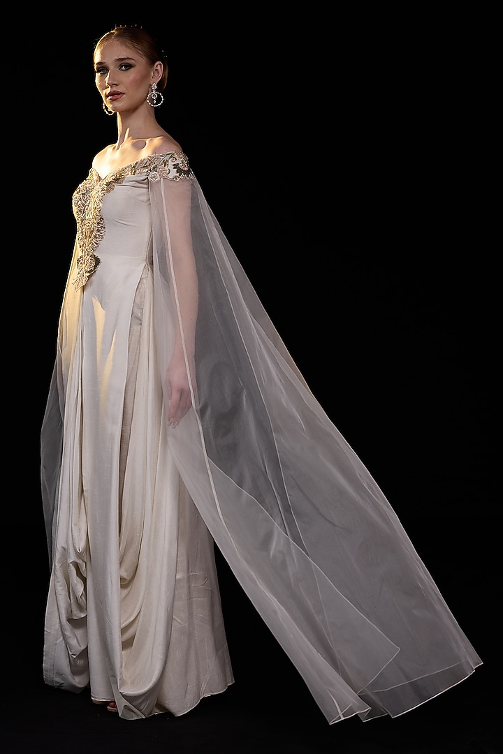 Off-White Cotton Silk Floral Embroidered Off-Shoulder Engagement Gown by Samant Chauhan at Pernia's Pop Up Shop