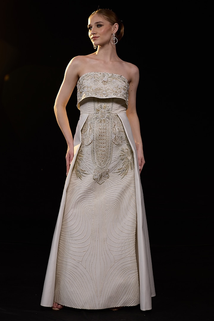 Gold Cotton Silk Embroidered Strapless Engagement Gown by Samant Chauhan at Pernia's Pop Up Shop