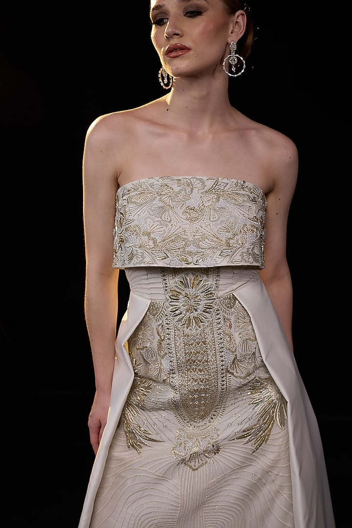 Gold Cotton Silk Embroidered Strapless Engagement Gown by Samant Chauhan at Pernia's Pop Up Shop