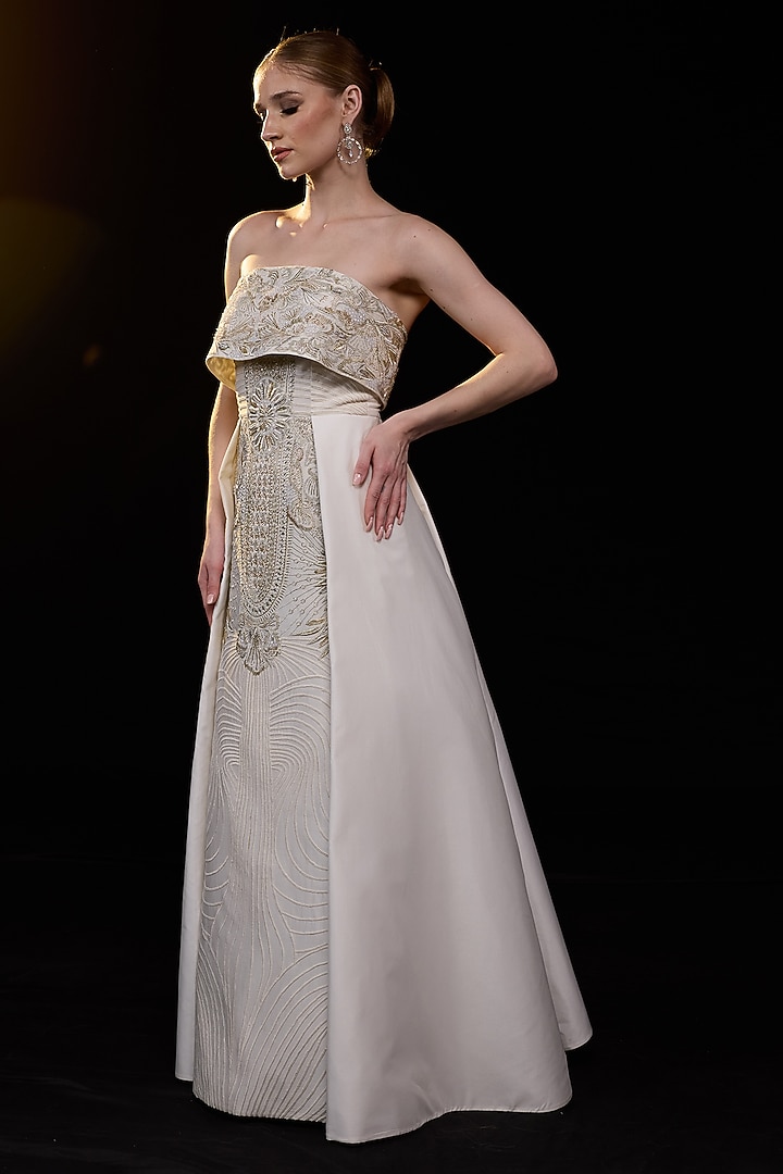 Gold Cotton Silk Embroidered Strapless Engagement Gown by Samant Chauhan at Pernia's Pop Up Shop