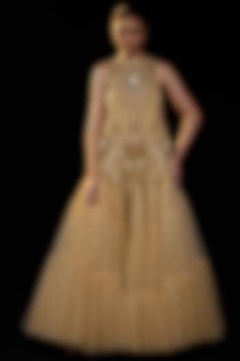 Golden Cotton Silk Floral Embroidered Sleeveless Wedding Gown by Samant Chauhan at Pernia's Pop Up Shop