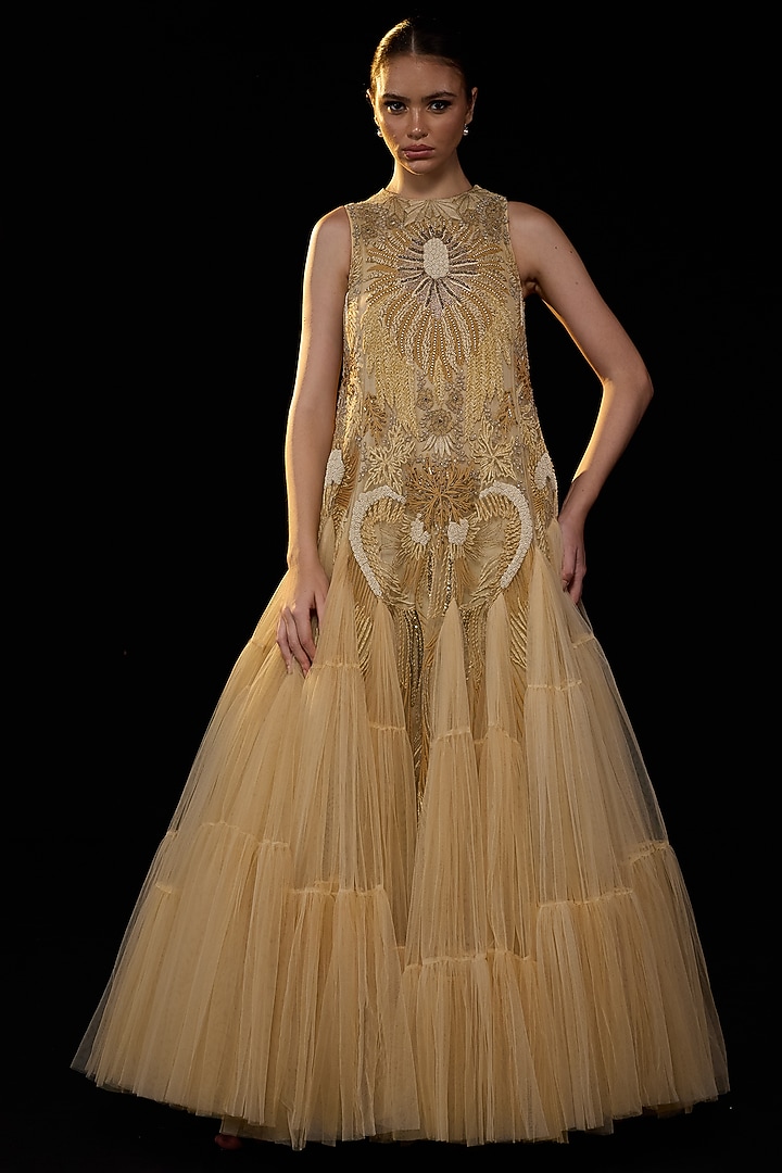 Golden Cotton Silk Floral Embroidered Sleeveless Wedding Gown by Samant Chauhan at Pernia's Pop Up Shop