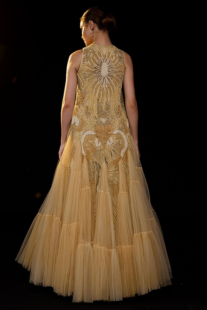 Golden Cotton Silk Floral Embroidered Sleeveless Wedding Gown by Samant Chauhan at Pernia's Pop Up Shop