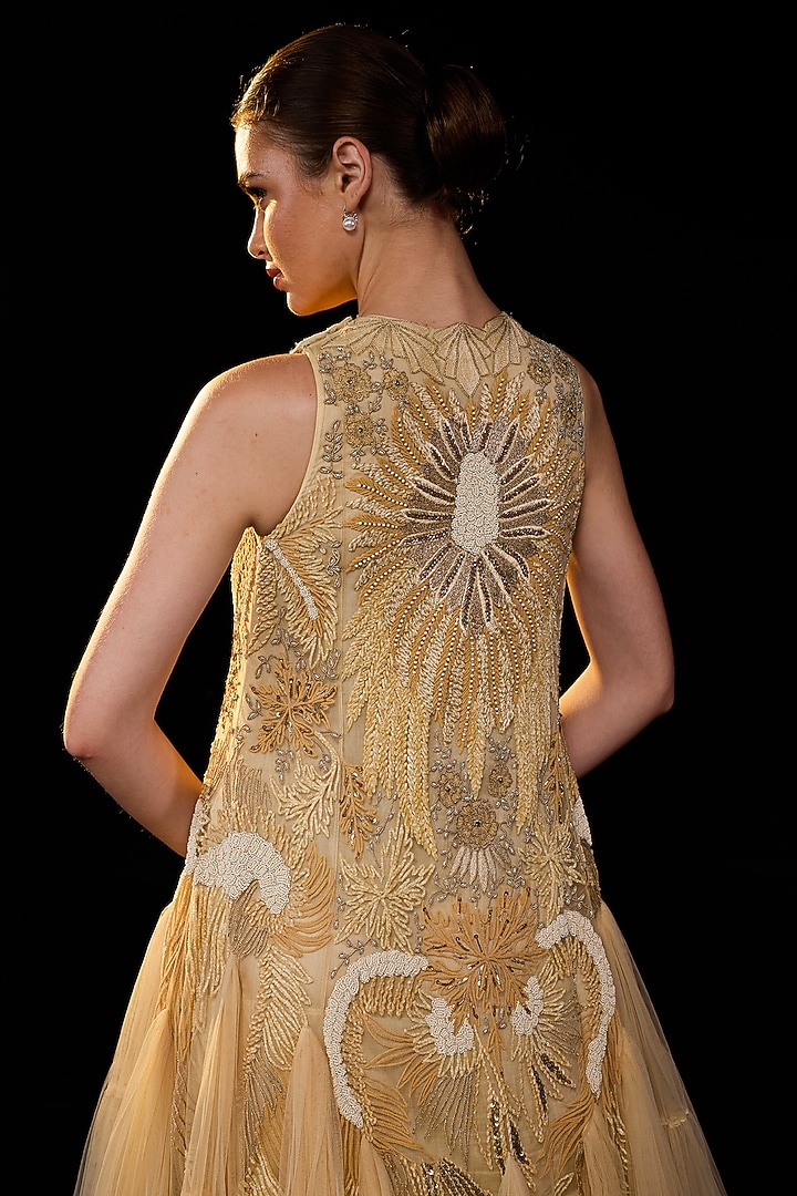 Golden Cotton Silk Floral Embroidered Sleeveless Wedding Gown by Samant Chauhan at Pernia's Pop Up Shop