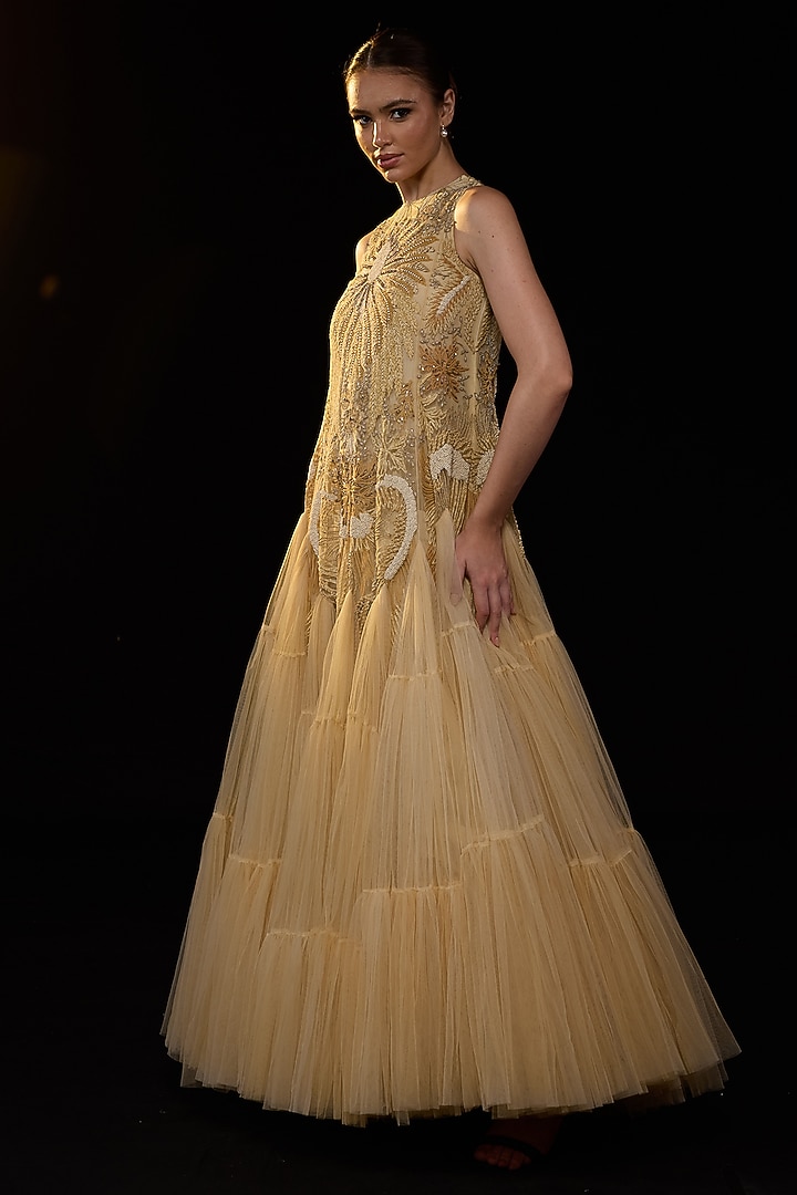 Golden Cotton Silk Floral Embroidered Sleeveless Wedding Gown by Samant Chauhan at Pernia's Pop Up Shop