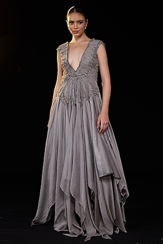 Grey Cotton Silk Ruched Gown by Samant Chauhan