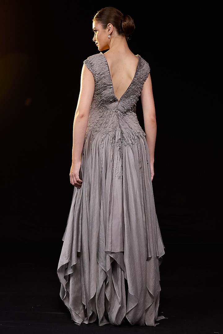 Grey Cotton Silk Ruched Wedding Gown by Samant Chauhan at Pernia's Pop Up Shop