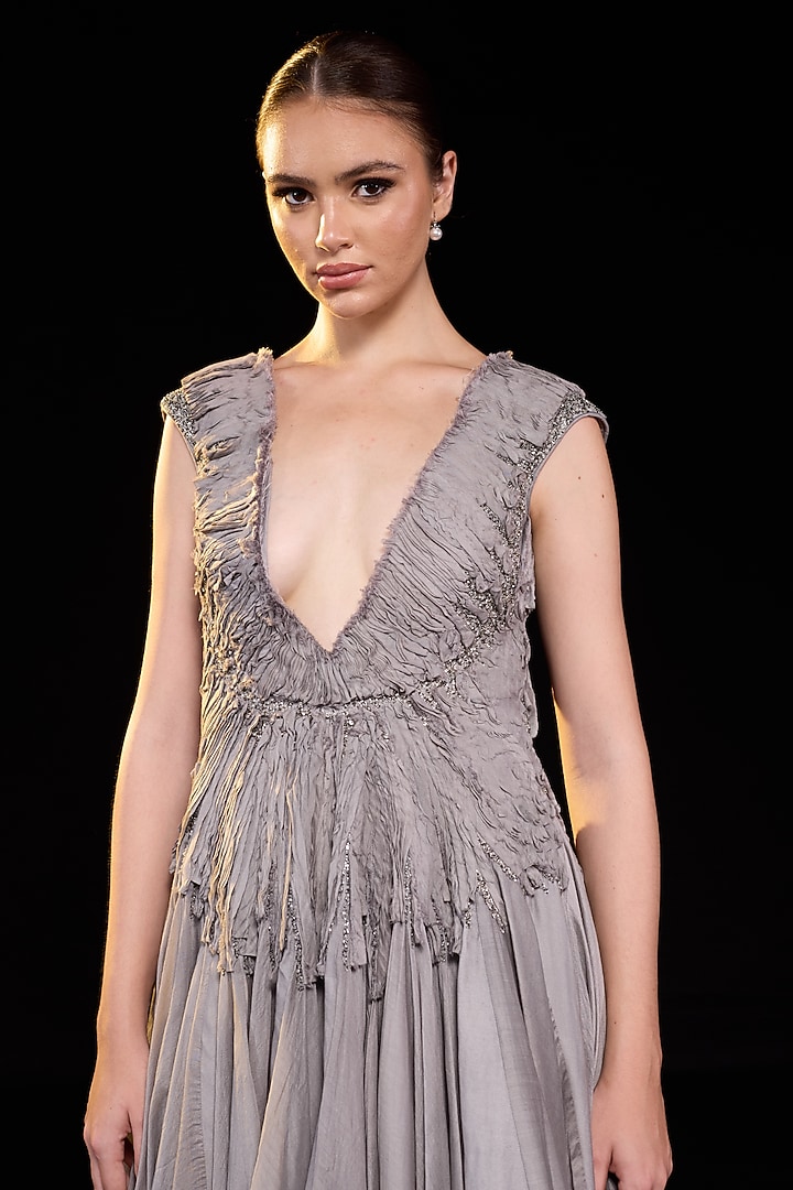 Grey Cotton Silk Ruched Wedding Gown by Samant Chauhan at Pernia's Pop Up Shop